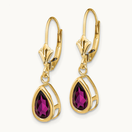 8x5mm Pear Rhodolite Garnet Leverback Earrings, 14K