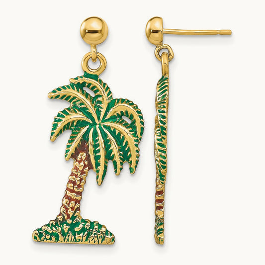w/ Enamel Palm Tree Dangle Earrings, 14K