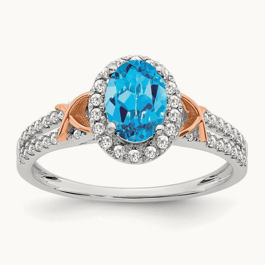 w/RG Accent Blue Topaz and Diamond Halo Ring, 14K White Gold