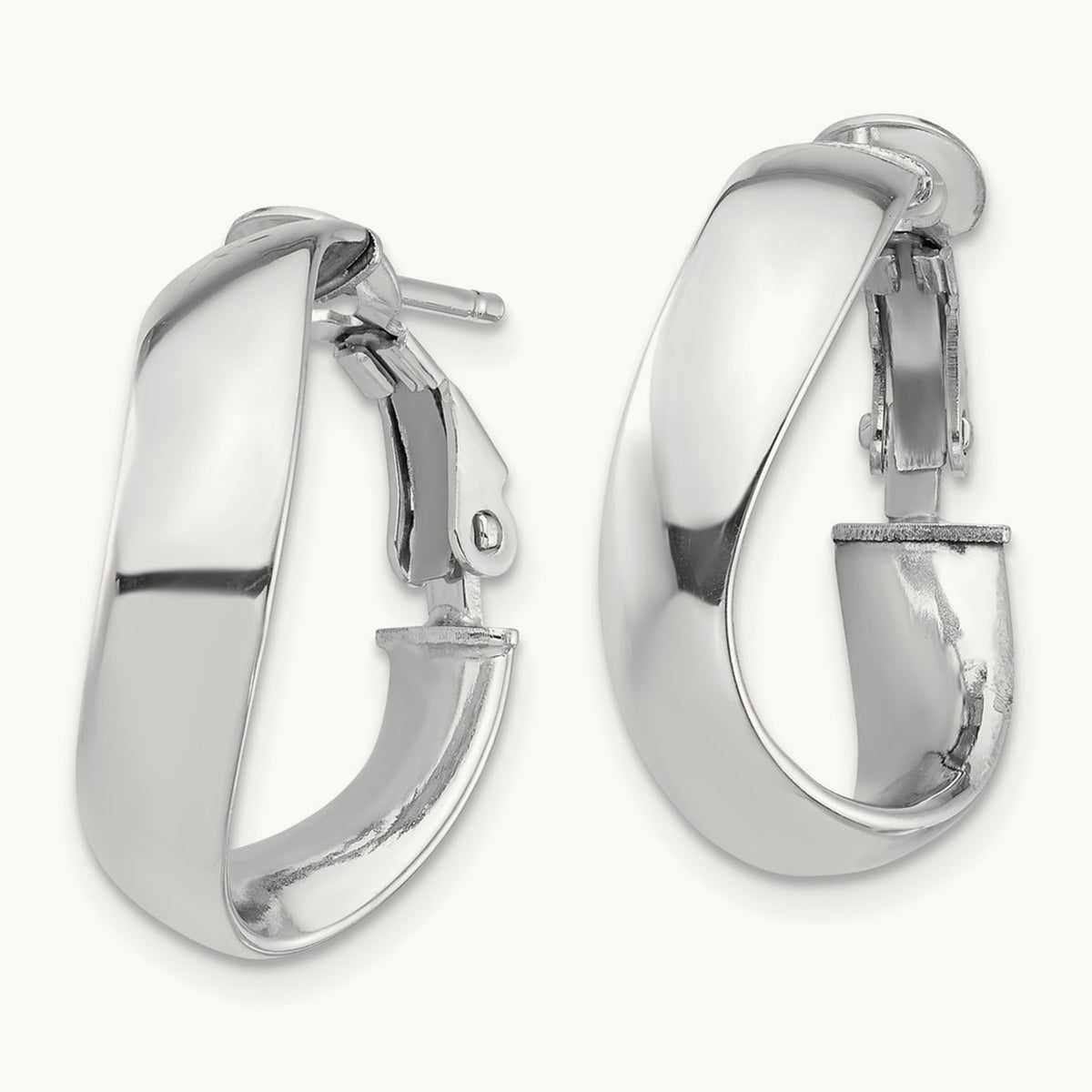 High Polished Wavy Omega Back Hoop Earrings — 14K White Gold