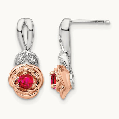 & Rose Ruby and Diamond Flower Post Earrings, 14K Two-tone White
