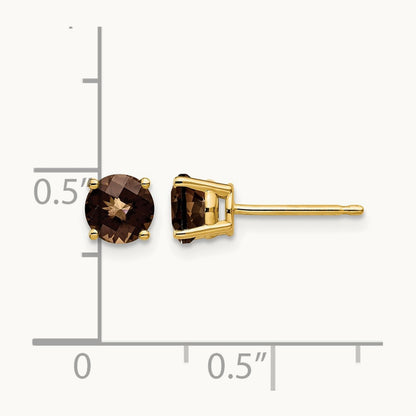 Round Checker-Cut Smoky Quartz Earrings, 5mm, 14K