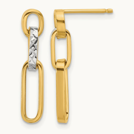 Polished and Diamond-cut Link Dangle Post Earrings — 10K Two-Tone Gold