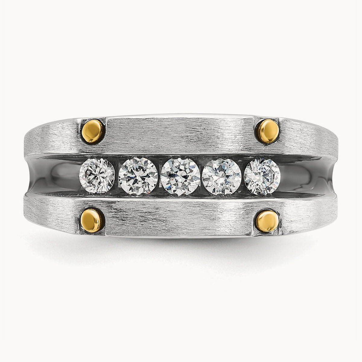 14ktt w/ Blk RH IBGoodman Men's Satin/Grooved 5-Stone Diamond Ring