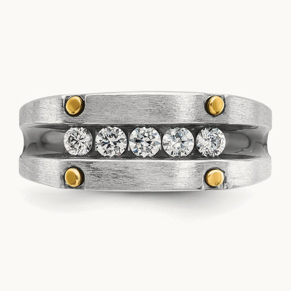 14ktt w/ Blk RH IBGoodman Men's Satin/Grooved 5-Stone Diamond Ring