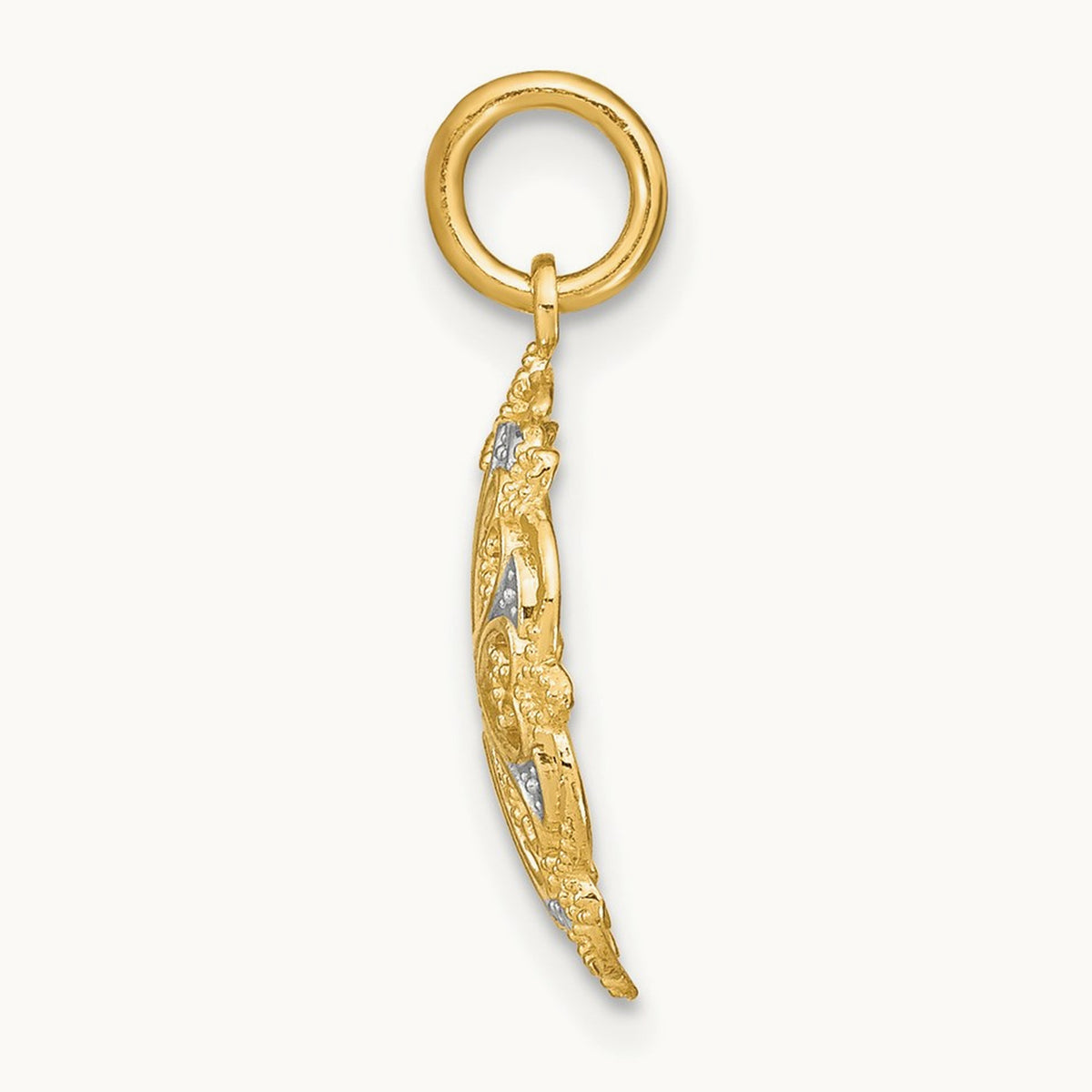 w/Rhodium and D/C Filigree Heart Round Charm, 14K