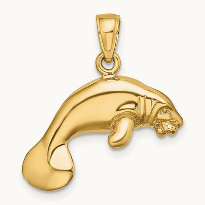 3-D Polished Swimming Manatee Charm — 14K Yellow Gold