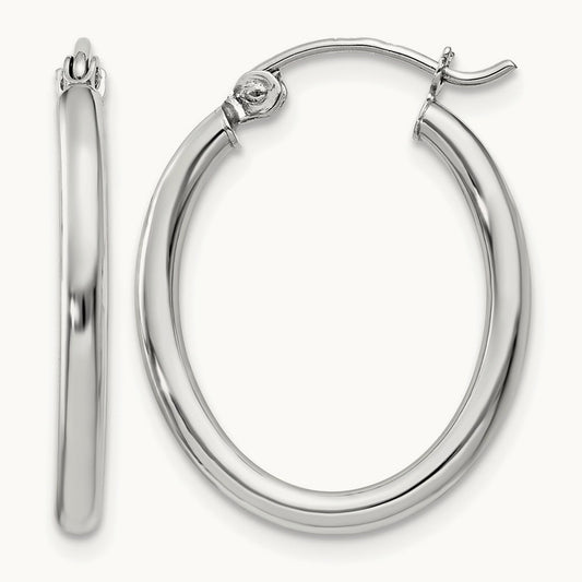 Polished Oval Tube Hoop Earrings, 2mm, 14K White Gold