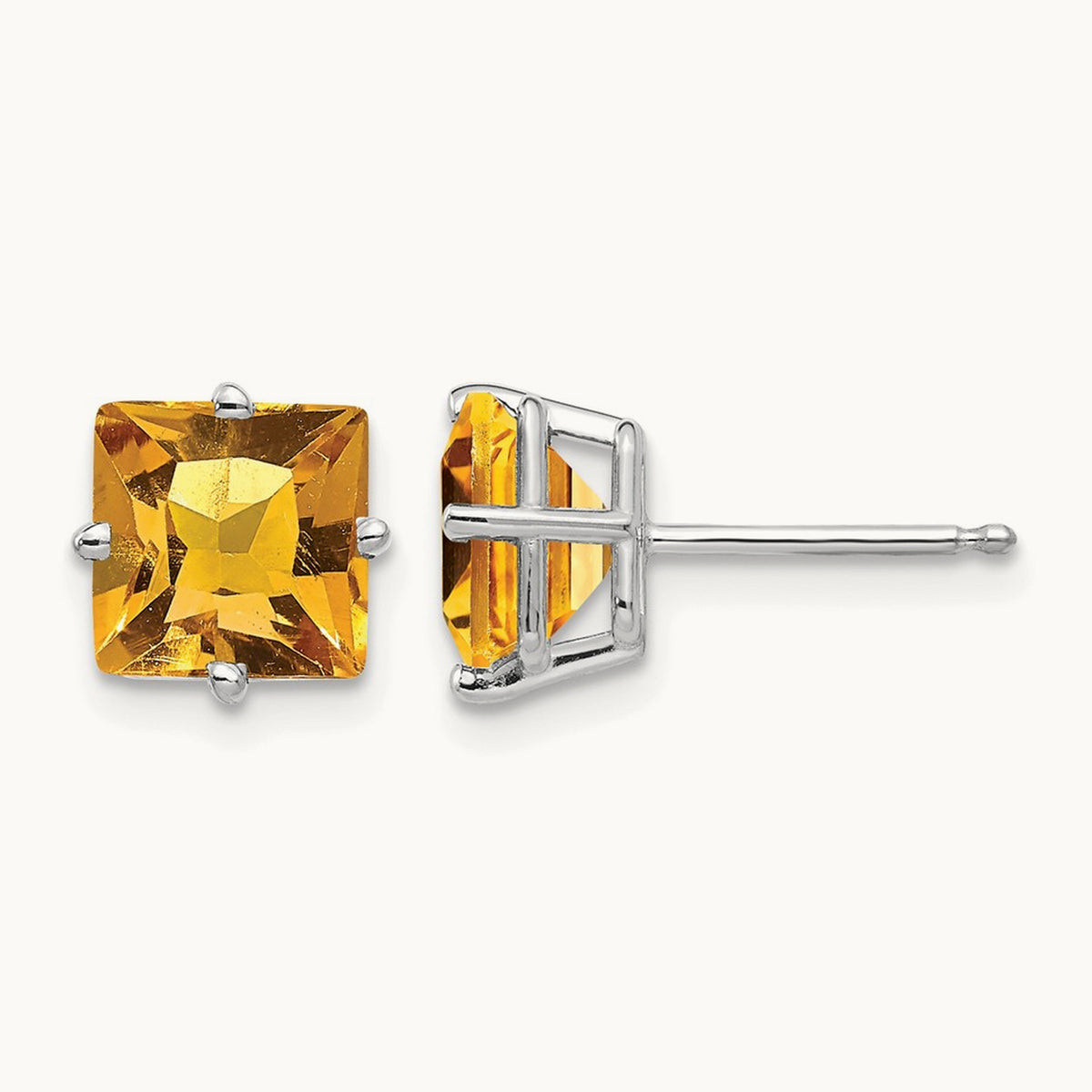 Princess Cut Citrine Earrings, 7mm, 14K White Gold