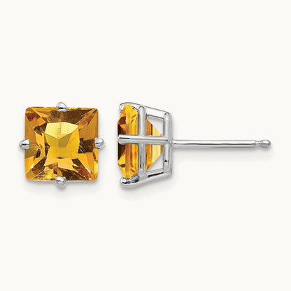 Princess Cut Citrine Earrings, 7mm, 14K White Gold