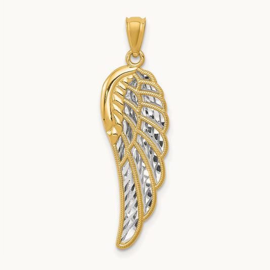 w/ Rhodium Polished Two Level Angel Wing Pendant, 14K