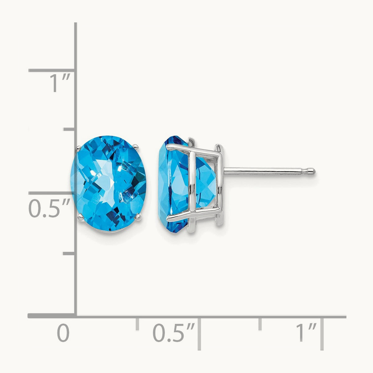 10x8mm Oval Blue Topaz Checker Earrings, 14K White Gold