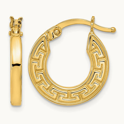 Polished Hollow Greek Key Hoop Earrings, 14K