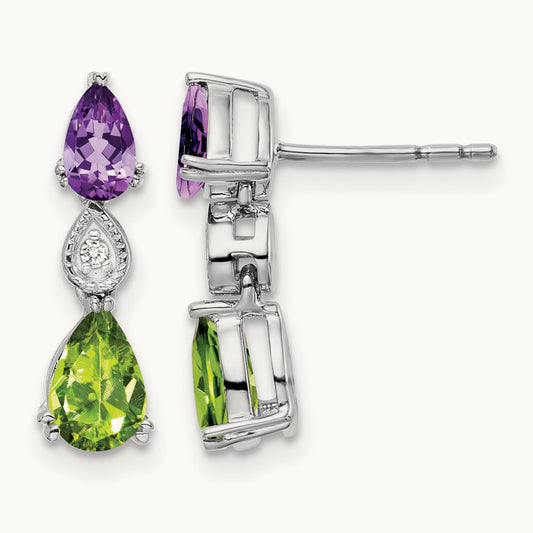 Amethyst/Peridot/Diamond Earrings, 14K White Gold