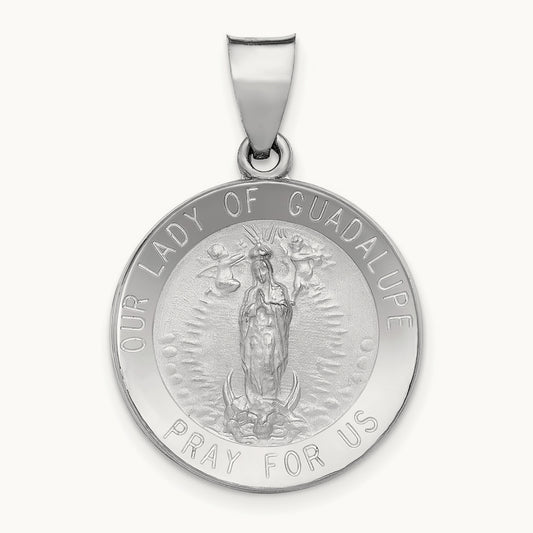 Lady of Guadalupe Medal Hollow Pendant, 14K White Gold