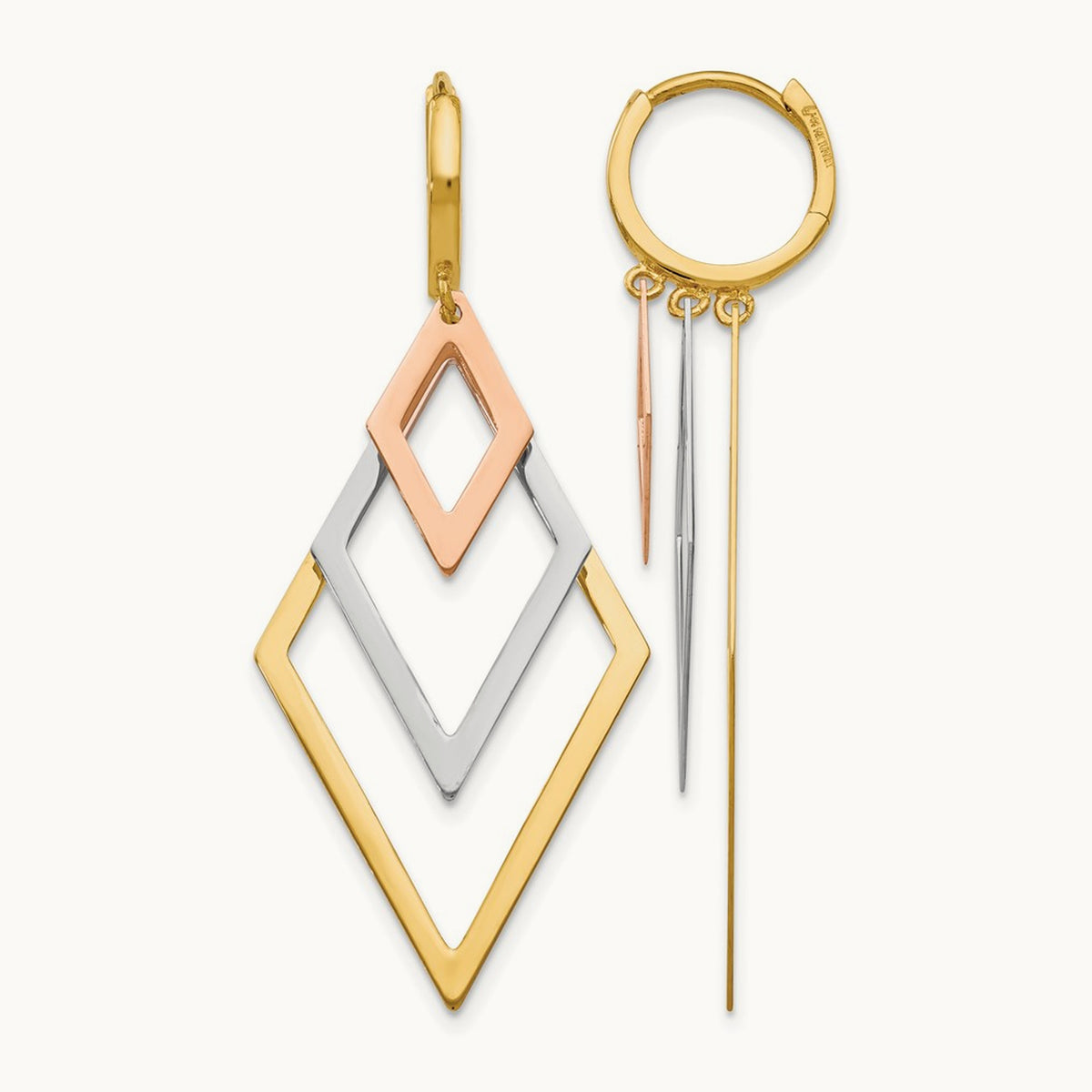 Tri-Color Dangle Hoop Earrings, 14K — Leslie's