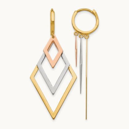 Tri-Color Dangle Hoop Earrings, 14K — Leslie's