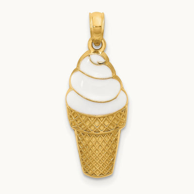 Enameled Vanilla Ice Cream Cone Pendant, 14K