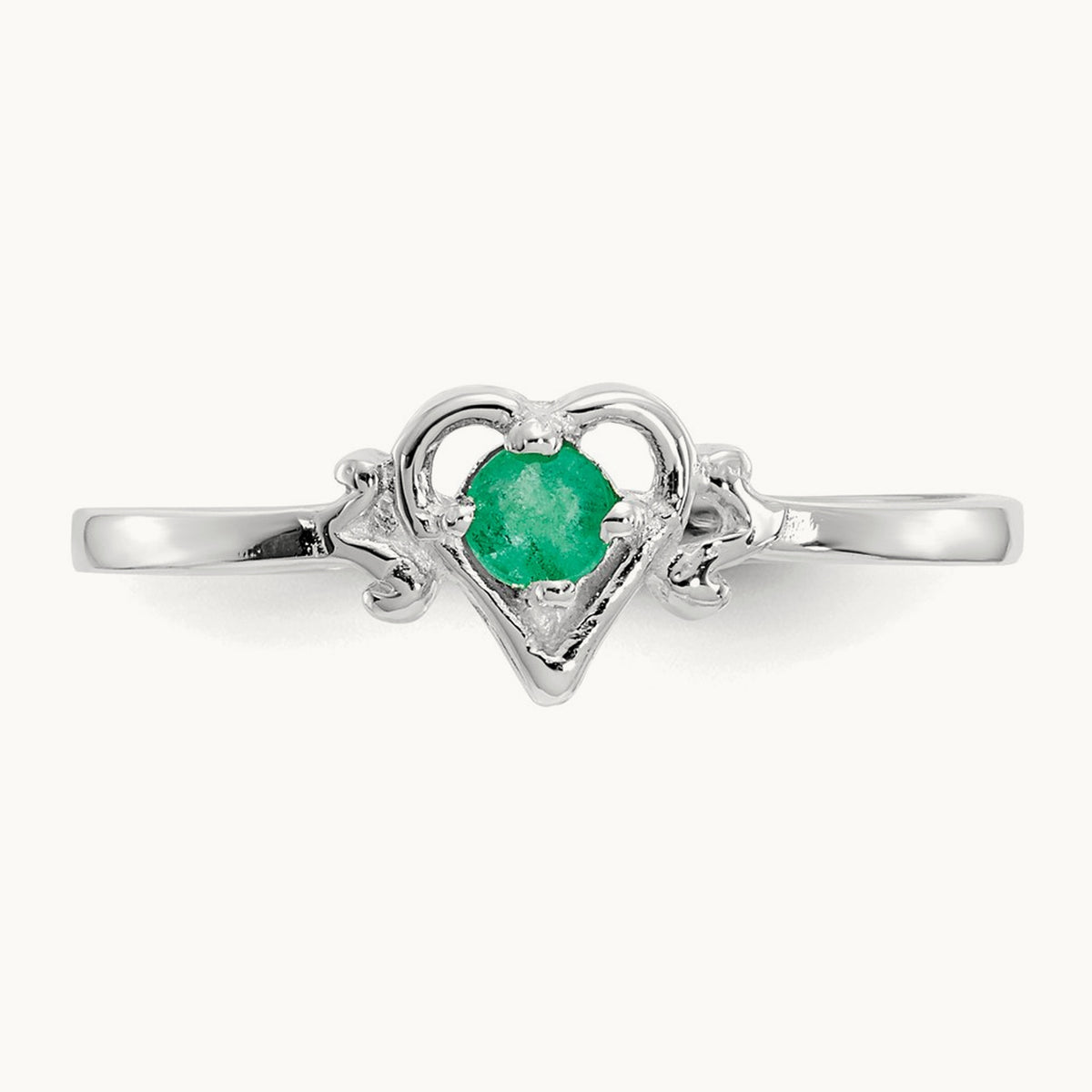 Emerald Birthstone Heart Ring — 14K White Gold, 7
