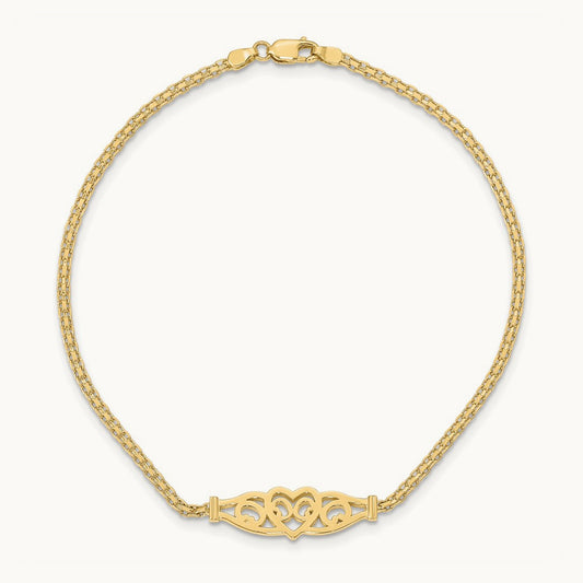 Polished Filigree Heart 9in Anklet, 14K