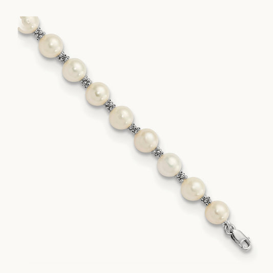 6- White Semi-round Freshwater Cultured Pearl Bracelet, 7mm, 14K White Gold