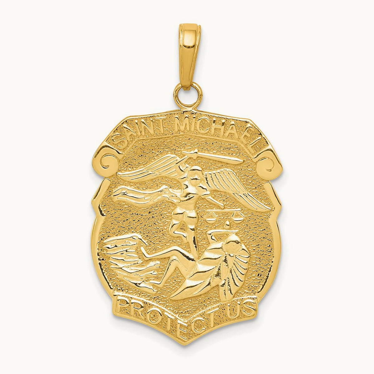 Polished Large Saint Michael Protect Us Medal Pendant — 14K Yellow Gold