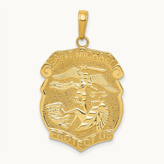 Polished Large Saint Michael Protect Us Medal Pendant — 14K Yellow Gold