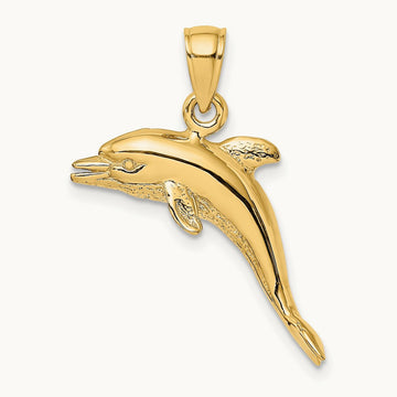 3-D Polished and Textured Jumping Dolphin Charm, 14K