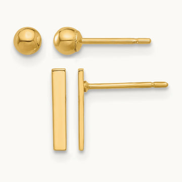 Polished Ball and Bar Earring Set — 14K Yellow Gold