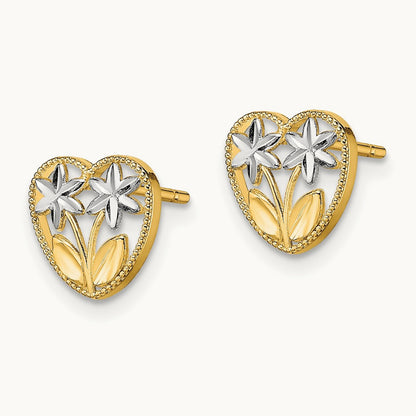 w/ Rhodium D/C Flower and Heart Post Earrings, 14K