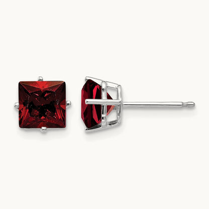 Princess Cut Garnet Earrings, 6mm, 14K White Gold