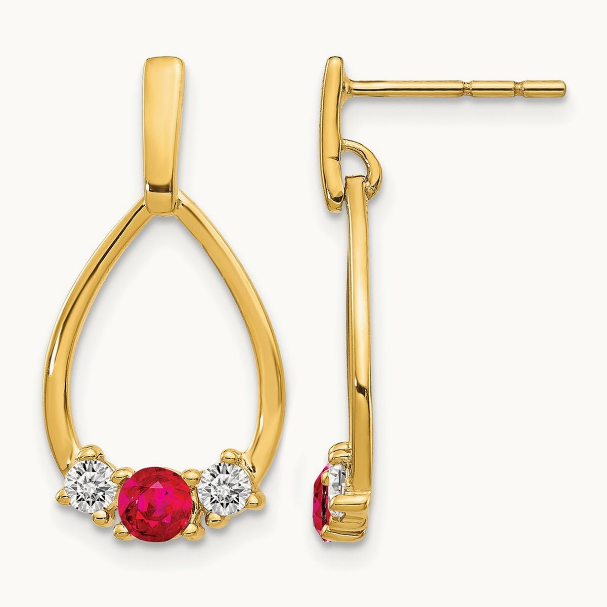 Created Ruby Dangle Teardrop Post Earrings, 0.25 ct tw Lab-Grown Diamond — 10K Yellow Gold