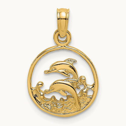 Two Dolphins in Circle Charm, 14K
