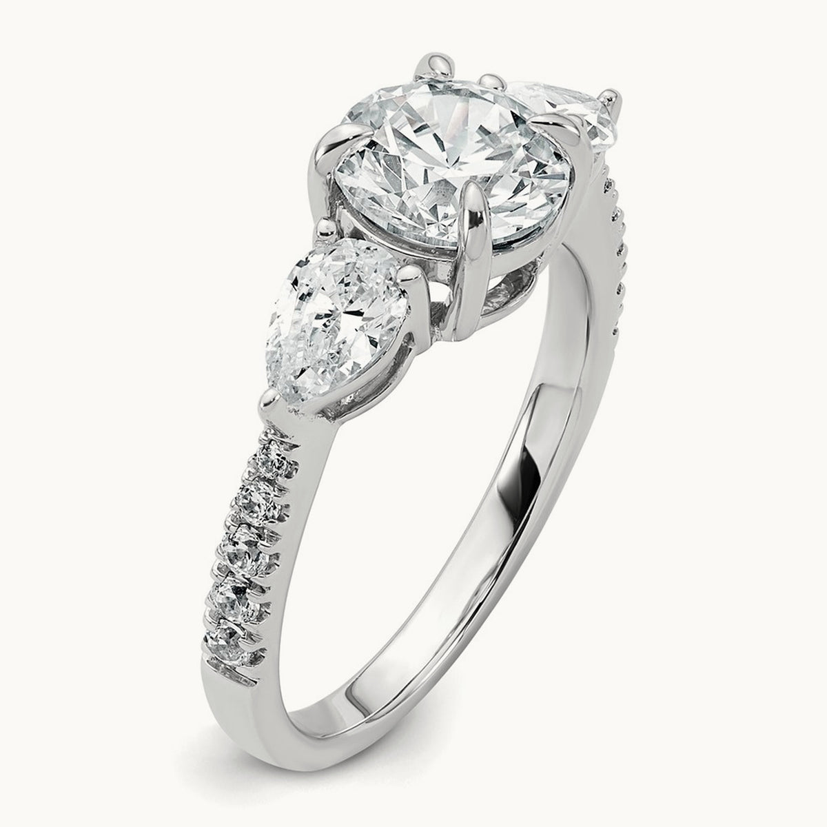Round Center Semi-Mount 3 Stone Engagement Ring, 0.50-0.75 ct tw Lab-Grown Diamond — 3/4 ct (holds 1 ct center), 14K White Gold