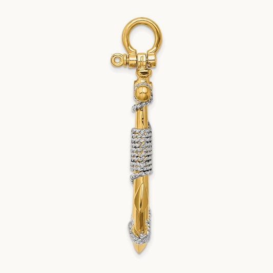 3-D Large Anchor Wrapped Rope Charm Yellow Gold with Rhodium Plating, 14K