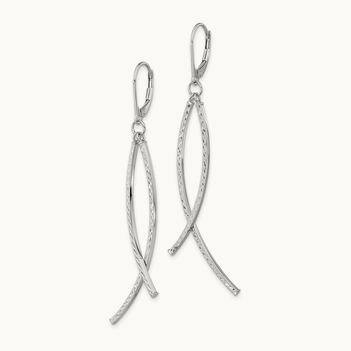 Polished Diamond Cut Fancy Dangle Leverback Earrings — 14K White Gold