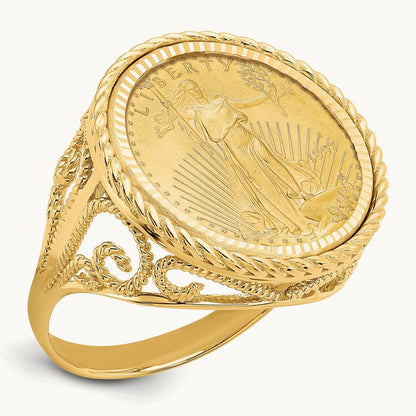 Ladies' D/C Twist Wire Scroll Mnted 1/10oz AM Eagle Coin Bezel Ring, 14K