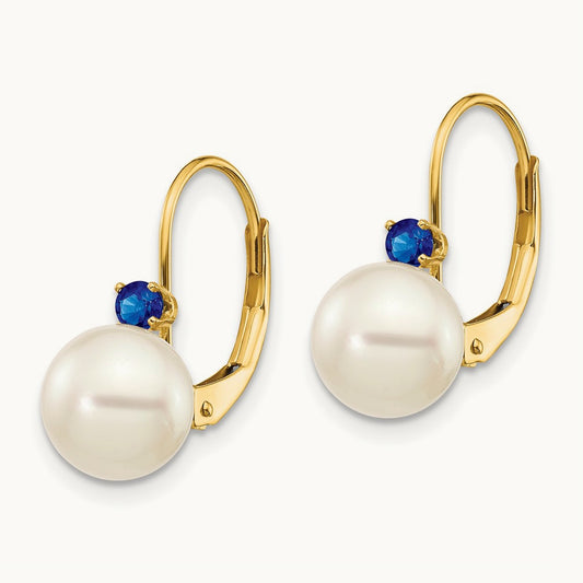 7- White Round FW Cultured Pearl Sapphire Leverback Earrings, 7.5mm, 14K