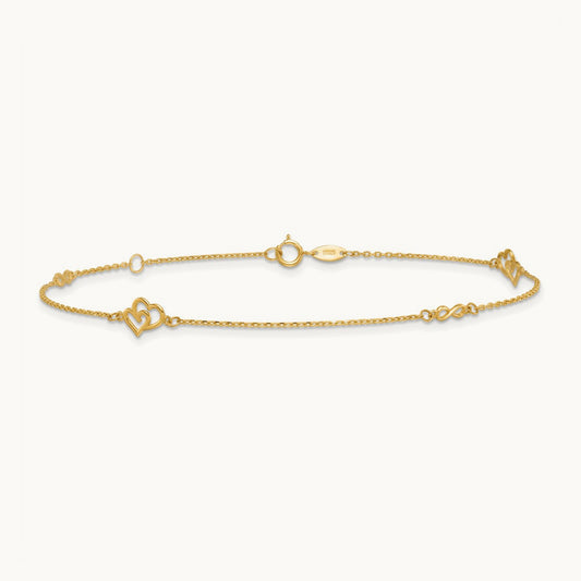 Polished Hearts and Infinity 9in Plus 1in ext. Anklet, 14K