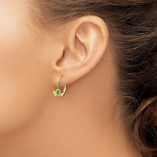 Heart Peridot Leverback Earrings — 14K Yellow Gold