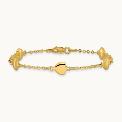 Brushed & Polished Hearts 7 inch Bracelet, 14K
