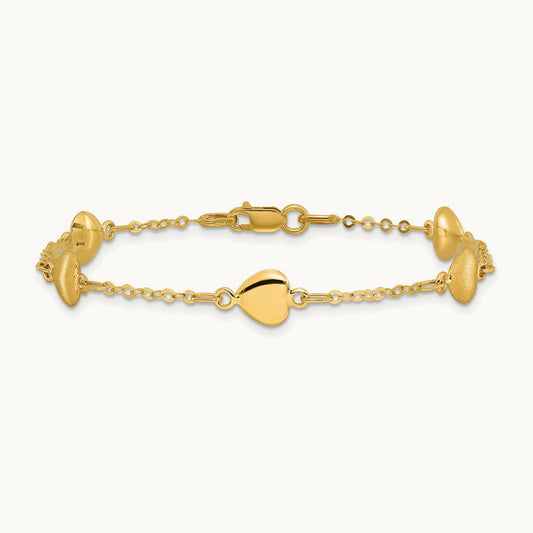 Brushed & Polished Hearts 7 inch Bracelet, 14K