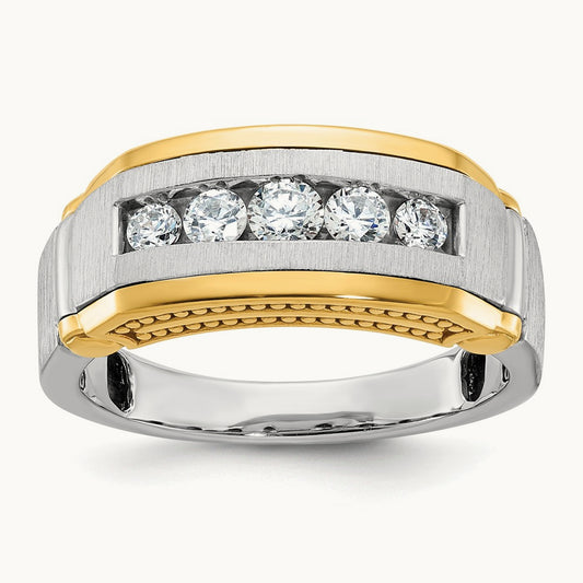 14ktt IBGoodman Men's Polished Satin & Beaded 5-Stone Diamond Ring