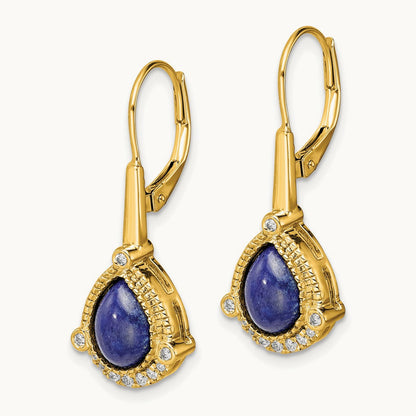Pear Lapis and Diamond Leverback Earrings, 14K