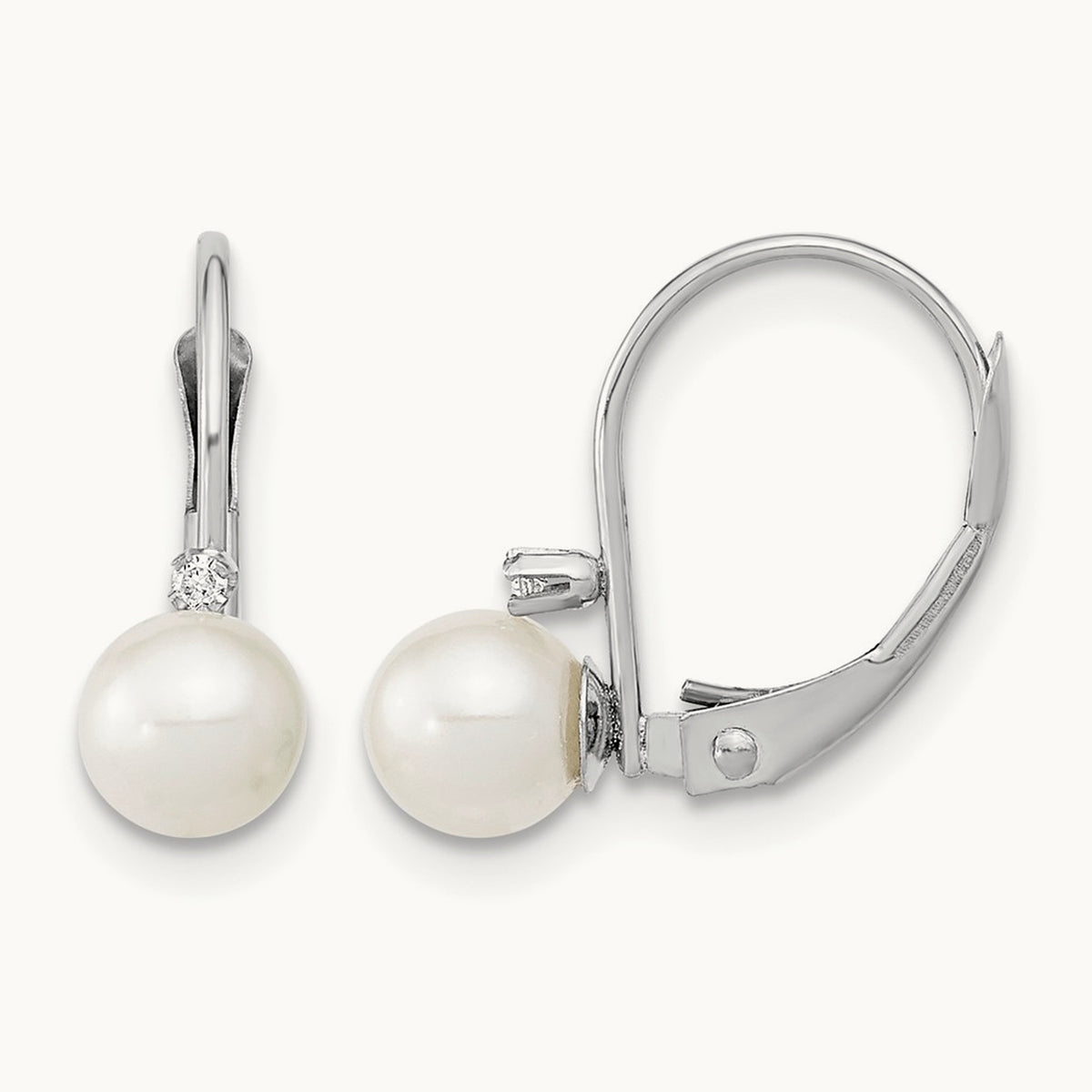5- Round White FWC Pearl .02ct. Dia. Leverback Earrings, 6mm, 14K White Gold
