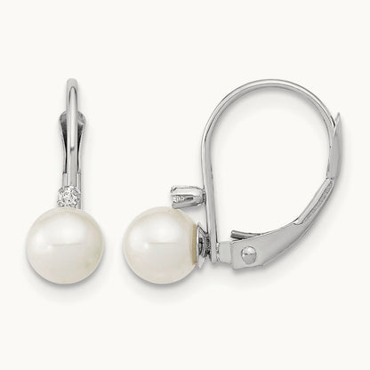 5- Round White FWC Pearl .02ct. Dia. Leverback Earrings, 6mm, 14K White Gold