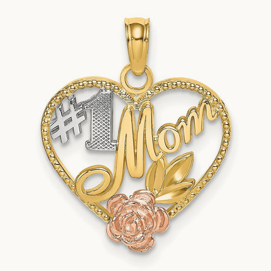 Rhodium Textured #1 Mom Heart Charm, 14K Two-tone White