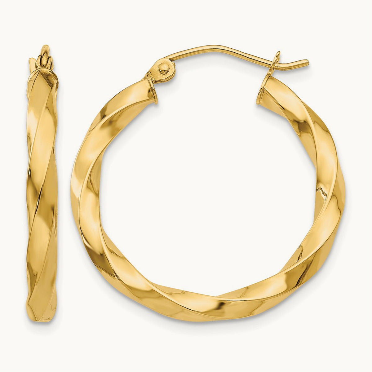 Square Tube Twisted Hoop Earrings — 14K Yellow Gold, 25mm, 3mm