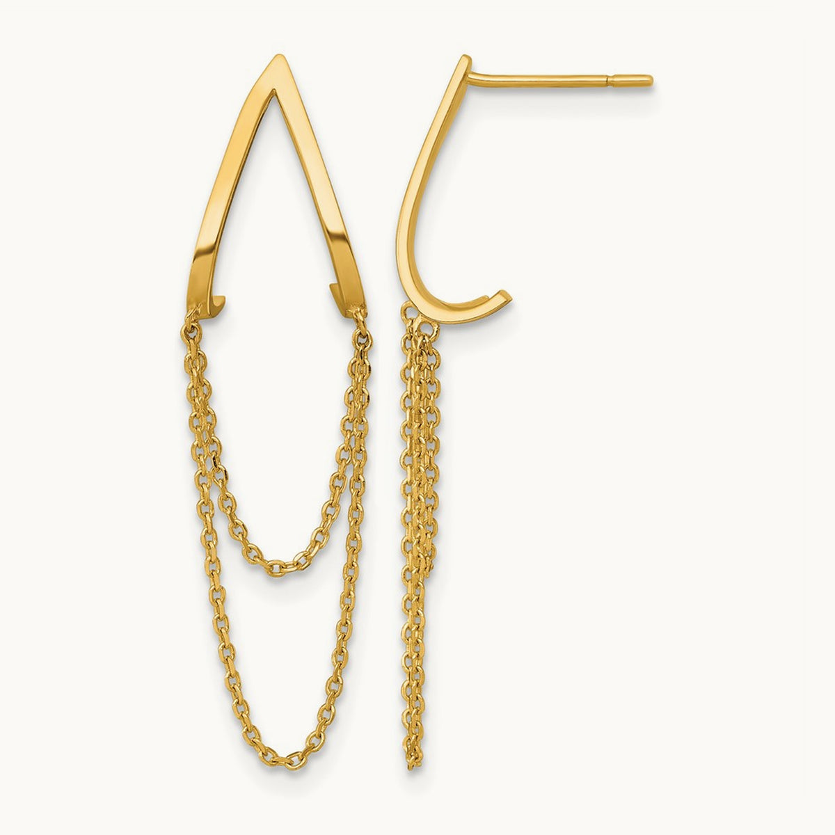Polished V Design with Dangle Chain Post Earrings, 14K