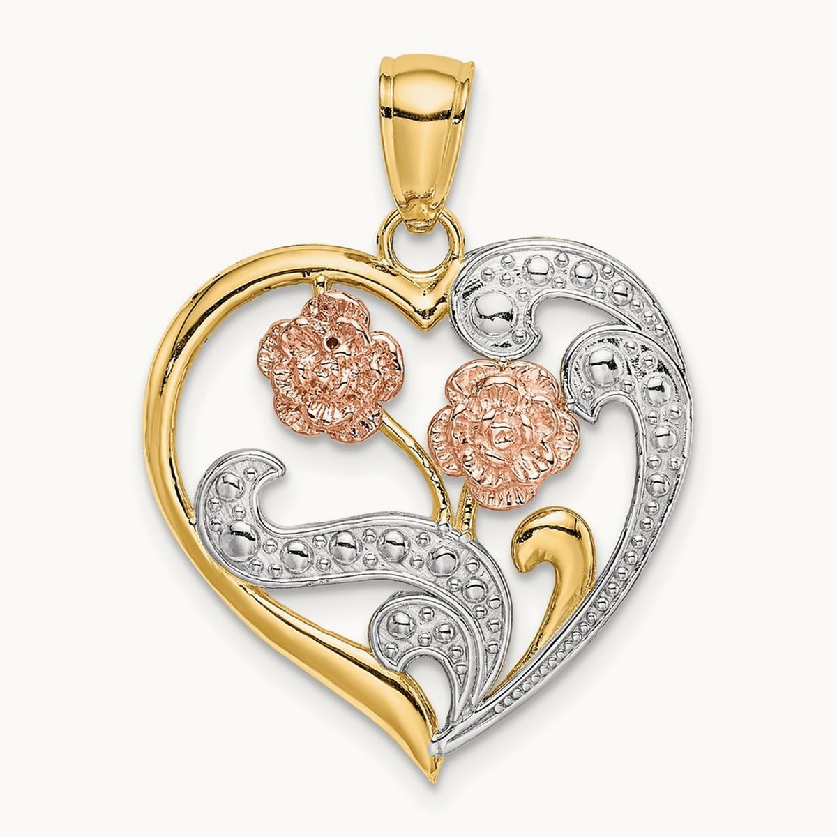 w/ White Rhodium Flower Heart Charm, 14K Two-tone